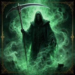 poster style, a beautiful and terrifying painting with high details of grim reaper scythe and ethereal swirling green mist, kodachrome 2 d 3 d ray tracing global illumination insanely detailed and intricate, hypermaximalist, elegant, ornate, movie atmosphere, movie lights, 8 k, light effect, rtx on, trending on artstation, by kilian eng, lee madgwick, bastien lecouffe - deharme