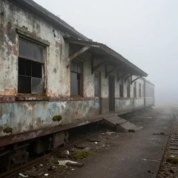 derelict train station, cracked walls, dust, dirt, moss, messy, fog, hyperdetailed, 4 k