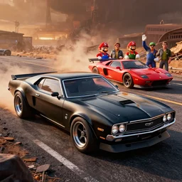 3 5 mm low angle photo black heavily modified mad max battle concept car 1 9 7 3 ford falcon gt hot rod on a deserted post apocalyptic road, mario cart, gta 5, hyper detailed, smooth, high contrast, volumetric lighting, octane, jim lee, giorgetto giugiaro, craig mullins, chris bangle, george miller, ian callum, vibrant rich deep color, comic book