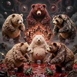 made in abyss design akihito tsukushi design chubby bear war bloody war wounded frogs sea of blood, fractals, chubby bear sloth bear at war, art in the style of and oleg vdovenko and akihito tsukushi, stefan koidl
