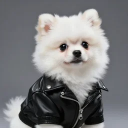 a photorealistic image of a charismatic panda style Pomeranian puppy wearing a black leather jacket Trending on Artstation, featured on Behance, well-rendered, Unreal Engine, 4K HD