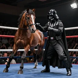 a horse boxing darth vader, hyperrealistic, 8 k