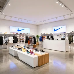 large nike boutique flagship retail. white walls. polished concrete floor. display tables with colorful shoes and varied clothes. bright digital screens on walls. low ceilings with downlights and spots. white corian and oak furniture. impressive counter. shoes!!!! ( ( plants ) ) architectural photography, 8 k, realistic lighting, reflections, bloom, hyperdetailed environment, pbr materials.