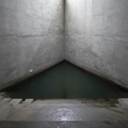 dingy abandoned concrete room, triangular room, gray, museum, concrete staircase leading down, staircase flooded with water to create a moon pool, Photograph, found footage, dark, dingy.