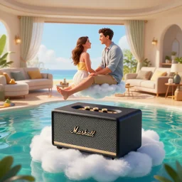 a beautiful couple in an elegant living room suspended on a cloud above emerald lagoon, there is a beautiful marshall speaker with visible music coming from, mattepainting concept Blizzard pixar maya engine on stylized background  global illumination lighting artstation  lois van baarle, ilya kuvshinov, rossdraws