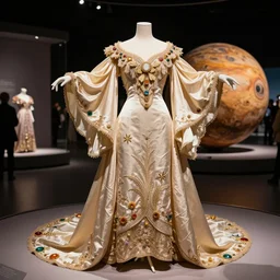 the film still photographed image is of 1 9 0 0 s haute couture opera ensemble is featured in a museum exhibit. the gown is inspired by pluto, the dwarf planet, and features a dramatic train and billowing sleeves. vibrant cinematography, anamorphic lenses, upscale, hyper realistic photo, crisp, detailed image in 8 k resolution.