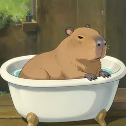 the scene of a capybara chilling in a bathtub in the movie spirited away by studio ghibli