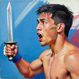 greg manchess portrait of a filipino mma fighter looking shocked as he drops his sword, profile picture, organic painting, sunny day, matte painting, bold shapes, hard edges, street art, trending on artstation, by huang guangjian, gil elvgren, ruan jia, randy vargas, greg rutkowski