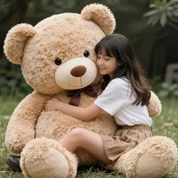 a girl hugging a hude teddy bear