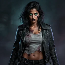 epic professional digital airbrushed portrait art of an attractive and athletic, somewhat curvy, mid-20s East Indian supermodel emo female zombie wearing a slightly torn tee shirt under a leather jacket, with deep green eyes, scary portrait, walking dead, best on artstation, cgsociety, wlop, Behance, pixiv, cosmic, epic, stunning, gorgeous,, masterpiece by Dorian Cleavanger and Stanley Lau