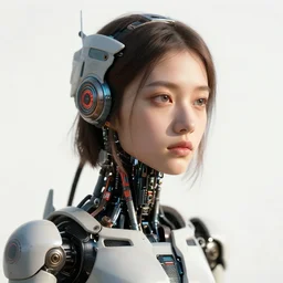 beautiful Fine art photography of a contemplative solarpunk part robot mostly human girl with real human face, expressive eyes, white background, highly detailed, medium shot, photorealism, sun lighting 8k