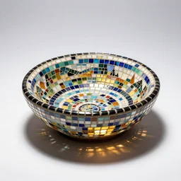 mosaic bread basket, commercial catalog photo, isolated on a pure white background, centered, entire object in frame, sharp focus, soft studio lighting