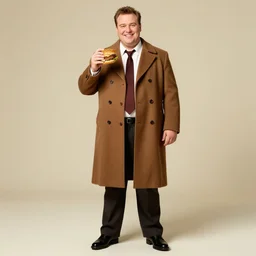 full length shot : : clean - shaven smiling white chubby italian american man in his 4 0 s wearing a long brown overcoat and necktie and black shoes shoes shoes holding a burger burger burger, 2 0 0 6 advertising promo shot