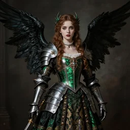 angel knight gothic girl in dark and green dragon armorl, baroque dress. by william henry hunt