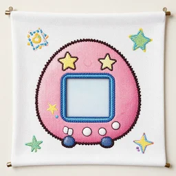 a cross - stitched tapestry of a cute digital tamagotchi