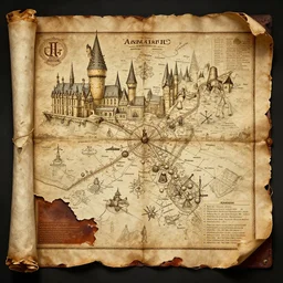 concept art from harry potter movies, marauders map of hogwarts, with names, mischief managed, ripped leather treasure map