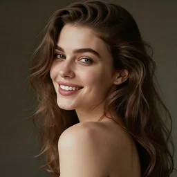 gorgeous beautiful woman, slight nerdy smile, slightly open mouth, looking over shoulder at camera!!, hyperrealism vrubel