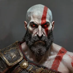 kratos from god of war with an afro and a giant mustache, digital painting masterpiece, gorgeous brush strokes, advanced lighting technology, realistic face and anatomy, by shigenori soejima