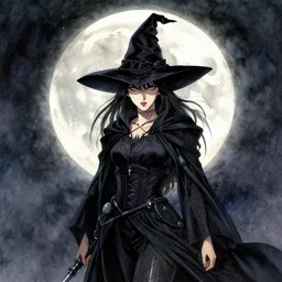 book cover art, female dark witch in front of the full big moon, watercolor, dramatic lighting, cinematic, establishing shot, extremely high detail, foto realistic, cinematic lighting, pen and ink, intricate line drawings, by Yoshitaka Amano, Ruan Jia, Kentaro Miura, Artgerm, post processed, concept art, artstation, matte painting, style by eddie mendoza, raphael lacoste, alex ross