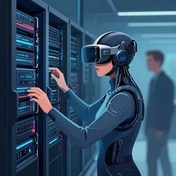 a fascinating digital illustration a futuristic it worker in a vr helmet jacked into a blade server, by jamie hewlett and alan martin