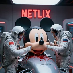 futuristic race car mechanics with astronaut helmets on their heads!! focused on doing surgery on a huge mickey mouse doll head that is dripping blood from cheek!! red netflix neon office sign in background, beeple!!, minimal, movie still in in private car garage, dystopian