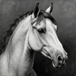painting of a glorious horse head, editorial fashion photography, black and white, by łempicka