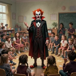 concept art, clown vampire in kindergarten full of kids, realistic shaded lighting poster by ilya kuvshinov, magali villeneuve, artgerm, jeremy lipkin and michael garmash and rob rey