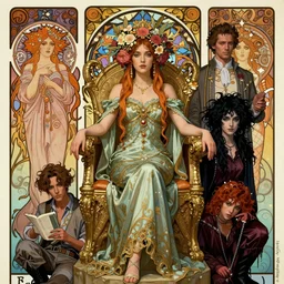 full figure portrait of a beautiful mysterious fairy with flowery headgear sitting on a throne, by eve ventrue, michael carson, andreas rochas, john watkiss, casey weldon, artgerm. art nouveau. tarot card by mucha. gloomhaven. swirly intricate linework background. gaudy colors, sharp edges. octane render