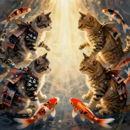 “Japanese fish print of samurai cats battling koi fish”