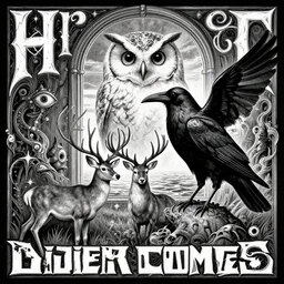 psychedelic, monochrome artwork!!, raven, deer, in front of an owl that is a window into the ocean, typography, hr giger, didier comes, james jean, andreas rocha,