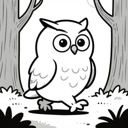 wise funny owl in a comic cartoon style, walking in a wood, black and white line art,