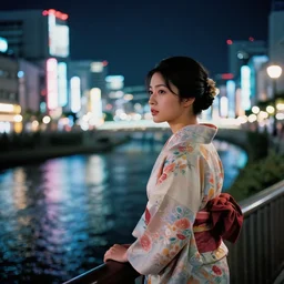 8 0 s neon movie still, woman wearing a kimono looks over a river, city with neon lights is in front of her. movie still. hyperrealistic, high definition, medium format photography, highly detailed, tehnicolor, anamorphic 5 0 mm lens