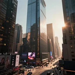 huge modern downtown city, billboards, advertisements, Times Square, small buildings, dark, concept art, digital painting, style of Ian Hubert, warm lighting, futuristic, volumetric lighting, street view, daytime, godrays , high detail