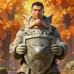 cristiano ronaldo an epic fantasy comic book style portrait painting of a very big stone - statue of a dwarf holding a shield in front of him with both hands, studio ghibli, unreal 5, daz, hyperrealistic, octane render, cosplay, rpg portrait, dynamic lighting, intricate detail, harvest fall vibrancy, cinematic