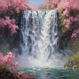 a painting of a waterfall surrounded by pink flowers, a detailed matte painting by michael james smith, deviantart, impressionism, matte painting, terragen, cryengine