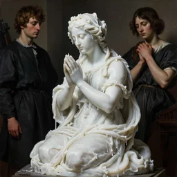 Beautiful sculpture of praying woman with closed eyes covered with melted white candle wax by Nicola Samori, Michelangelo da Caravaggio and Beksinski, dramatic volumetric lighting, full body portrait, highly detailed oil painting, trending on artstation, 4k, masterpiece