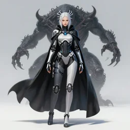 portrait girl full body cape cyborg with a cape and monster hellraiser behind her by gaston bussiere, anna nikonova aka newmilky, greg rutkowski, yoji shinkawa, yoshitaka amano, tsutomu niehi, moebius, donato giancola, geoffroy thoorens, concept art, trending on artstation, featured on pixiv,