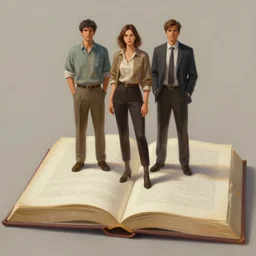 a painting of three men and a woman standing on top of a giant open book, detailed digital art, aesthetic!, trending on artstation