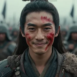 a ultra high resolution close - up of a beautiful young tai warlord standing in crowd of battlefield, looking down at the camera. his face is partially obscured by red hand print, and he has a smiling expression. the light is dim, and the colours are muted. kodak etkar 1 0 0