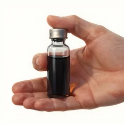 detailed digital art focused on a normal hand holding a single tiny unlabeled clear medicine bottle half-full of mysterious black liquid; magic the gathering art by Volkan Baga, rk post, Lindsey Look, artstation