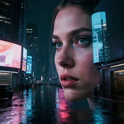 detailed face of a woman, moment, cyberpunk cloisters, electronic billboards, tech noir, wet reflections, atmospheric, ambient, pj crook, livia prima, greg rutkowski, edward hopper