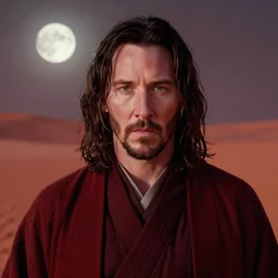 keanu reeves as a jedi master, perfect symmetrical face, a red sand desert, full moon, moody lighting, 8 k, shallow depth of field, intricate detail,