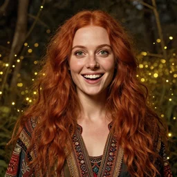 a totally amazed smiling pretty woman surrounded by golden firefly lights in a mesmerizing scene, fully covering intricate detailed bohemian outfit, long loose red hair, precise linework, accurate green eyes, small nose with freckles, beautiful smooth oval head, expressive emotions, hyper realistic ultrafine portrait by artemisia gentileschi, jessica rossier, greg rutkowski, artgerm