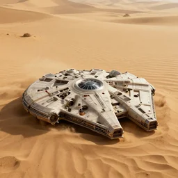 The spaceship Millenium Falcon half-buried in sand on Tatooine, cinematic lighting, concept art, trending on artstation