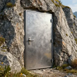 a large metal door on the side of a mountain by peter mohrbacher, firefly, unreal engine 5, extreme detail, hyper realism, realistic shading, cinematic composition, realistic render, octane render, detailed textures, photorealistic, colorful, raytracing