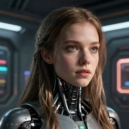 cinematography closeup portrait of a cyborg girl in a cyberpunk apartment by Ridley Scott