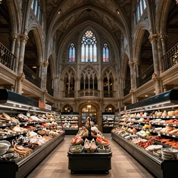deep 3 point perspective, seafood supermarket Inside the three-story gothic museum, dramatic lighting, photorealistic, wolumetric lighting, high detail, cinematic feel, wideshot, high octane, 4K, Unreal Engine, digital render, intricate, ultra realistic