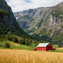 Intricate detailed lush fjord with a single isolated red barn next to a wheat crop at noon. Wide angle shot, Artstation, art by Eddie Mendoza