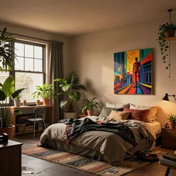 a stylish studio apartment interior, messy bed, house plants, painting by Craig Mullins, octane rendering, warm moody lighting, wide angle lens, low view, in the style of blade runner, trending on artstation, 8k,