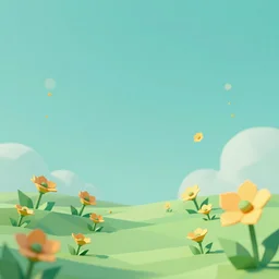3 d render, low poly art, minimalist, flowers, teal sky, lowpoly landscape, particles floating, unreal engine, dreamy, bokeh, bounce light, bright lighting, complementary palette